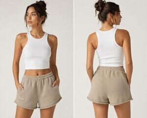 SET ACTIVE Fleece Sweat Shorts Taupe Beige Raw Hem Lounge Athletic Shorts Size L